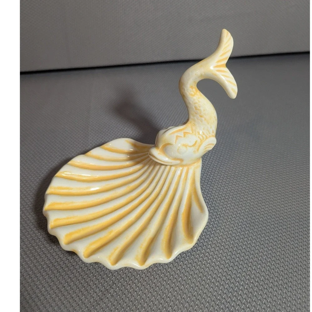 VTG Holland Mold 1974 Signed Ceramic Koi Fish Scallop Shell Soap Trinket Dish